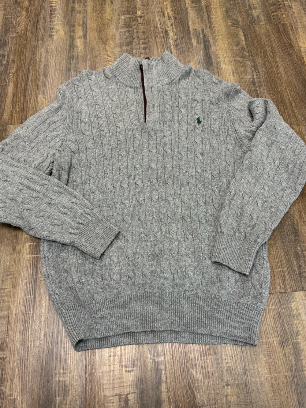 Ralph Lauren Men’s Gray Cable-Knit Half-Zip Sweater Green Polo Logo Tussah Silk